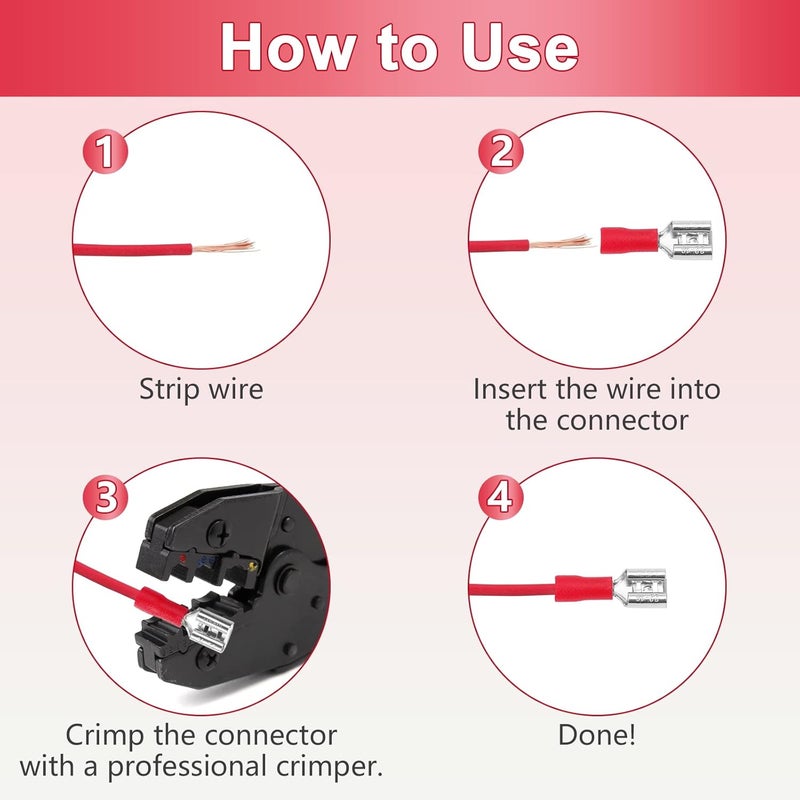 PRECIHW 200 Pcs Red Female Quick disconnects Vinyl Insulated Spade Wire Connectors, Electrical Crimp Terminal 22-16 AWG (6.3mm) - Image 5